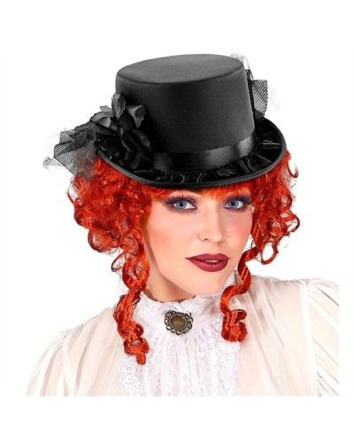 CHAPEAU HAUT DE FORME NOIR AVEC TULLE ET RUBAN SATIN NOIR ET ROSE NOIRE