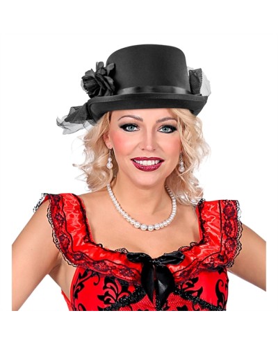 CHAPEAU HAUT DE FORME NOIR AVEC TULLE ET RUBAN SATIN NOIR ET ROSE NOIRE
