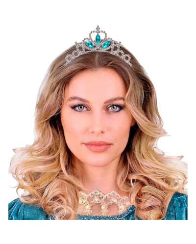 TIARE COURONNE DIADEME STRASS ARGENT ET GEMMES BLEUS