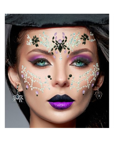 BIJOUX OU STRASS DE VISAGE VEUVE NOIRE TOILE+ARAIGNEE ARGENT VIOLET NOIR