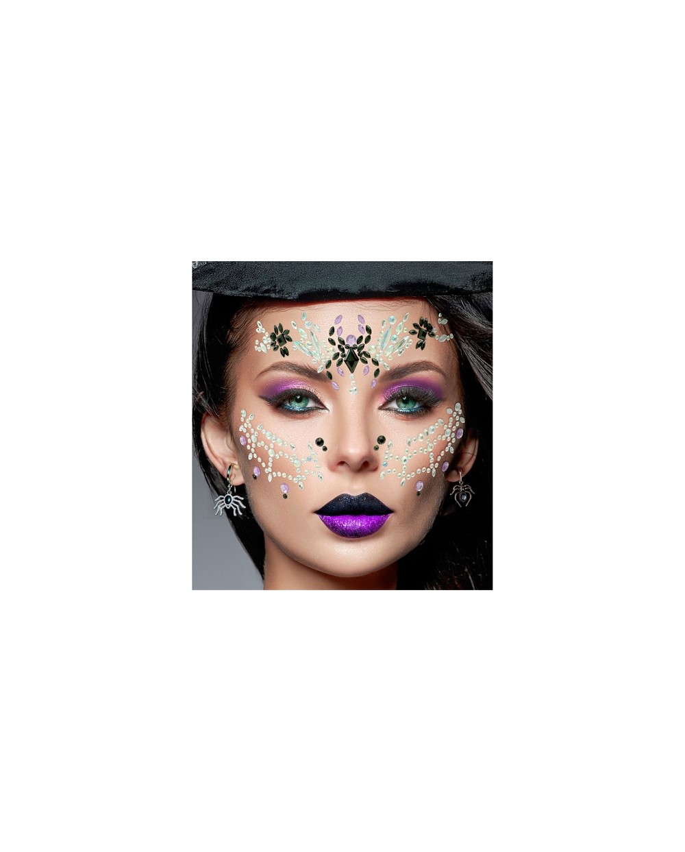 BIJOUX OU STRASS DE VISAGE VEUVE NOIRE TOILE+ARAIGNEE ARGENT VIOLET NOIR
