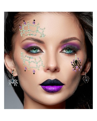 BIJOUX OU STRASS DE VISAGE ASYMETRIQUES TOILE +ARAIGNEE ARGENT VIOLET NOIR