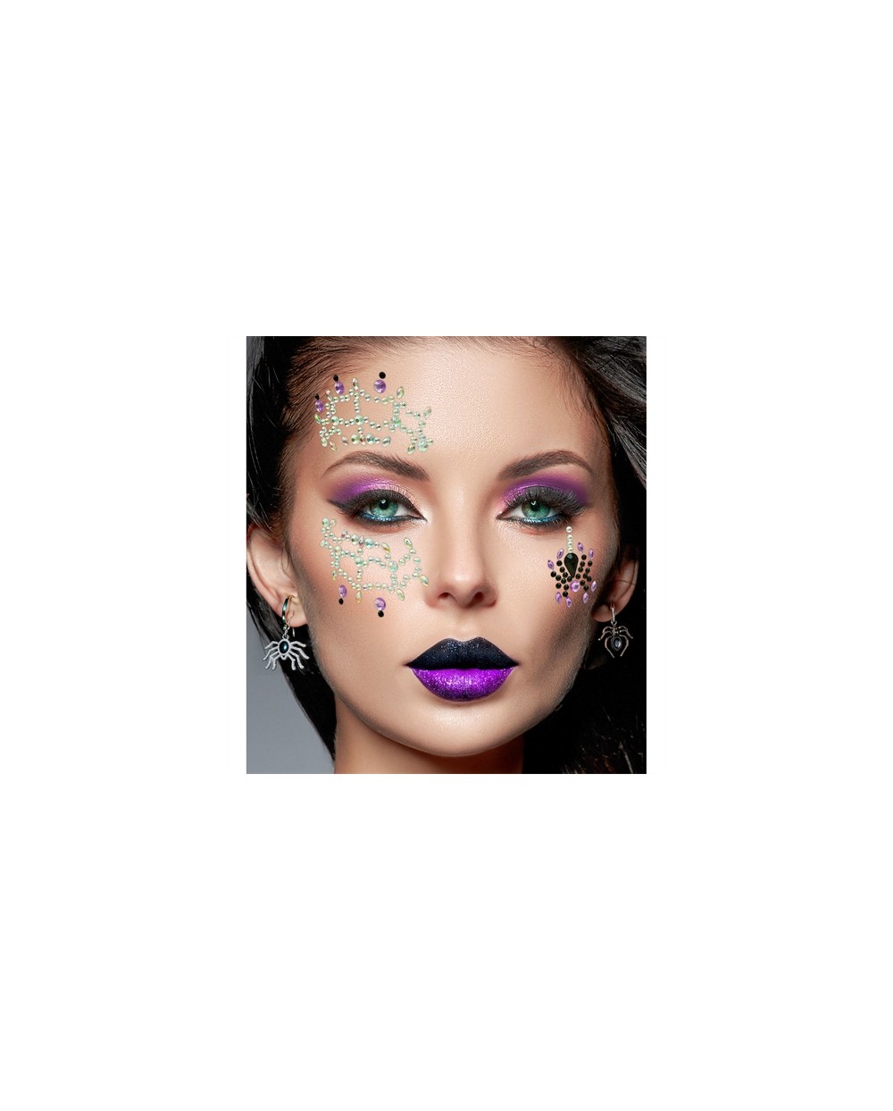 BIJOUX OU STRASS DE VISAGE ASYMETRIQUES TOILE +ARAIGNEE ARGENT VIOLET NOIR