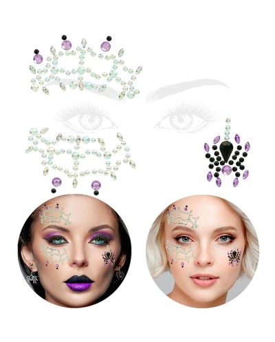 BIJOUX OU STRASS DE VISAGE ASYMETRIQUES TOILE +ARAIGNEE ARGENT VIOLET NOIR
