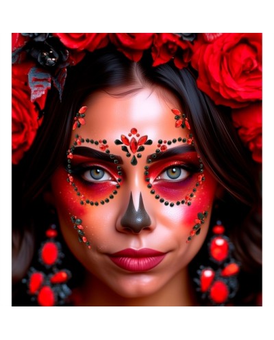 BIJOUX OU STRASS DE VISAGE DIA DE LOS MUERTOS ROUGE ET NOIR