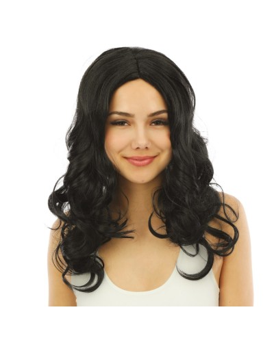 PERRUQUE CHEVEUX LONGS ONDULES NOIR  SANS FRANGE 