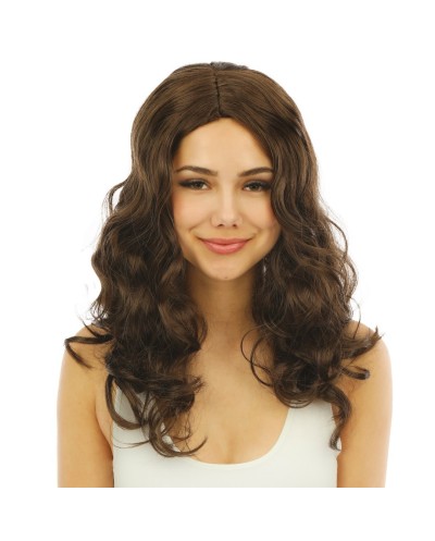 PERRUQUE CHEVEUX LONGS ONDULES CHATAIN SANS FRANGE 