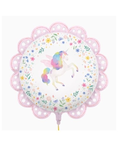 BALLON METALLIQUE ROND CONTOUR DENTELLE LICORNE PASTEL PETITES FLEURS 78 CM