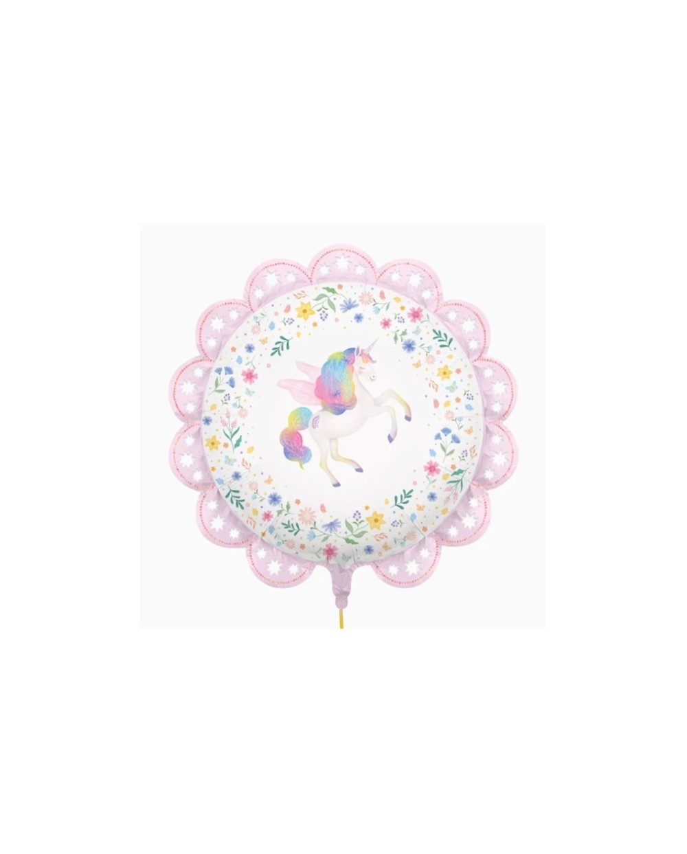 BALLON METALLIQUE ROND CONTOUR DENTELLE LICORNE PASTEL PETITES FLEURS 78 CM
