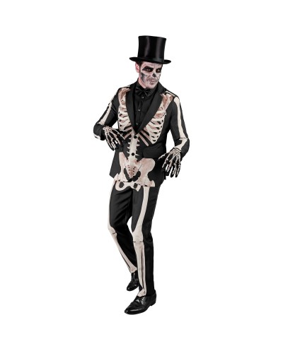 DEGUISEMENT COSTUME VESTE + PANTALON NOIR IMPRESSION SQUELETTE BLANC TAILLE XL