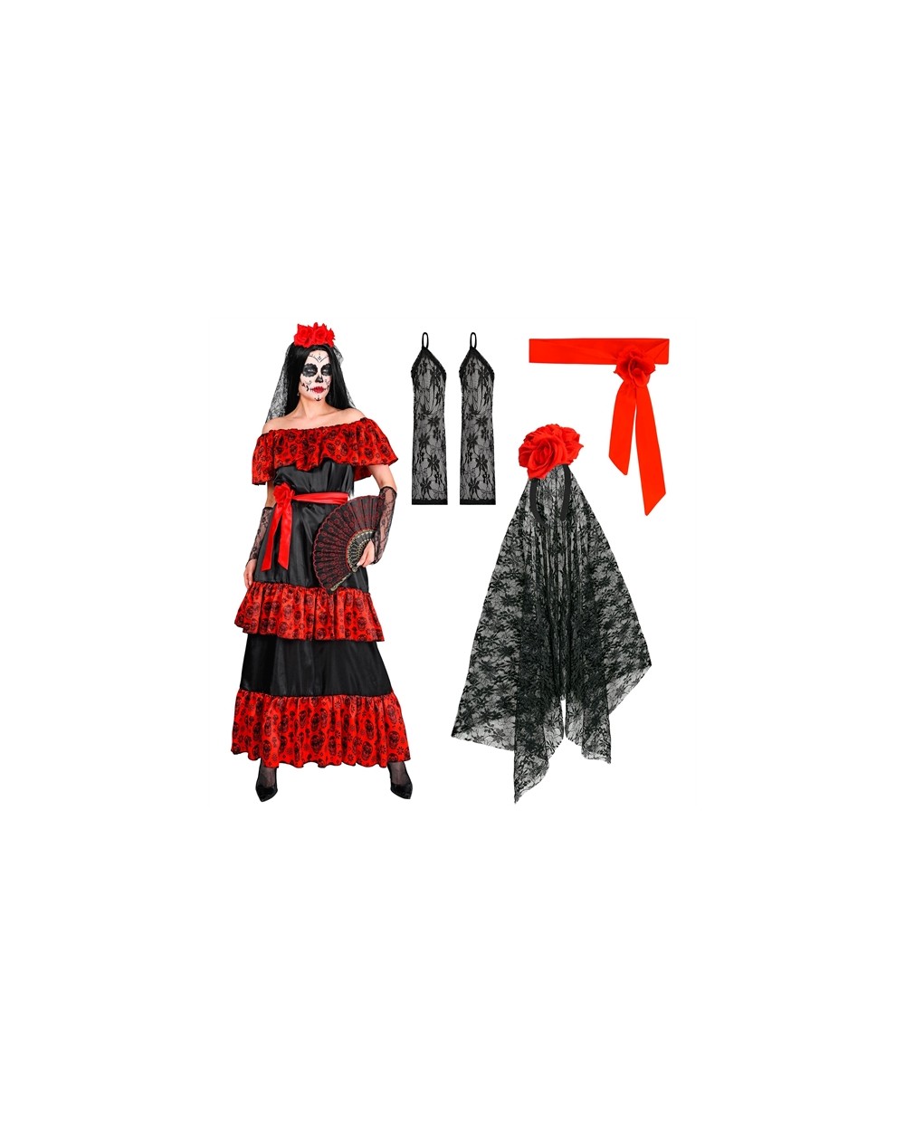 DEGUISEMENT ROBE MEXICAINE NOIRE ET ROUGE LONGUE JOUR DES MORTS CATRINA TAILLE M