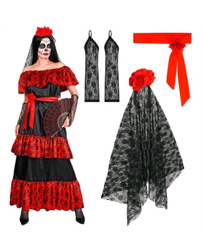 DEGUISEMENT ROBE MEXICAINE NOIRE ET ROUGE LONGUE JOUR DES MORTS CATRINA TAILL XL