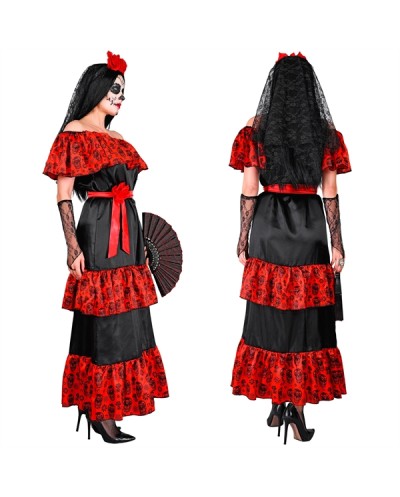 DEGUISEMENT ROBE MEXICAINE NOIRE ET ROUGE LONGUE JOUR DES MORTS CATRINA TAILL XL