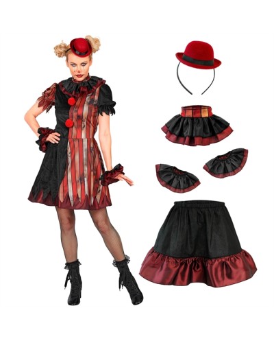 DEGUISEMENT ROBE COURTE CLOWN MALEFIQUE NOIR RAYE ROUGE TAILLE M