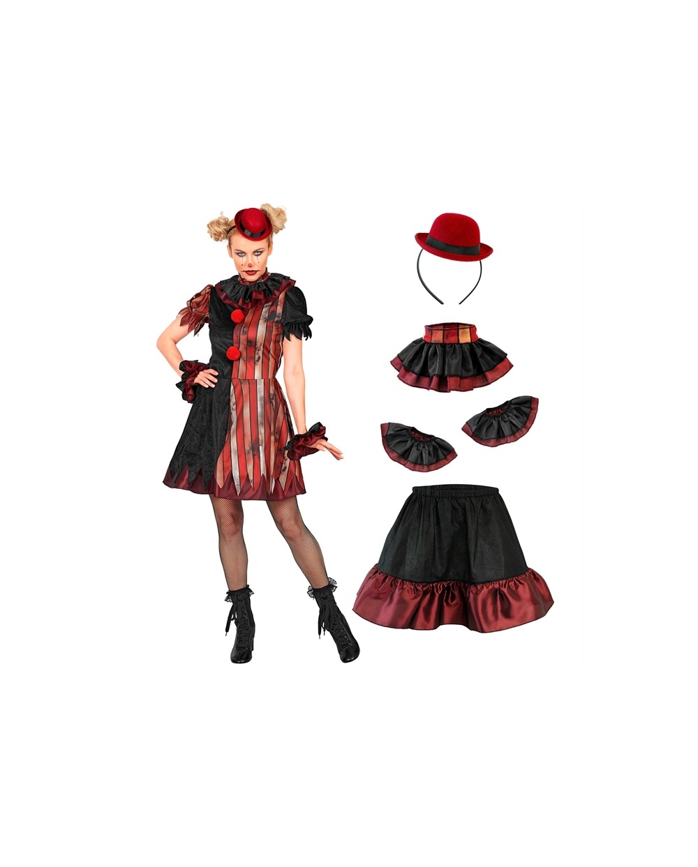 DEGUISEMENT ROBE COURTE CLOWN MALEFIQUE NOIR RAYE ROUGE TAILLE XL