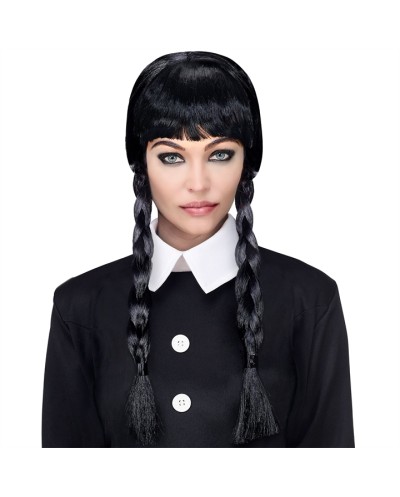PERRUQUE ECOLIERE MERCREDI 2 NATTES OU TRESSES NOIRES + FRANGE ADULTE