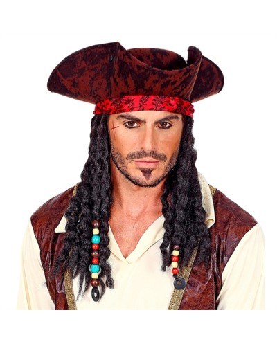CHAPEAU TRICORNE PIRATE DES CARAIBES MARRON AVEC BANDANA DREADS ET PERLES