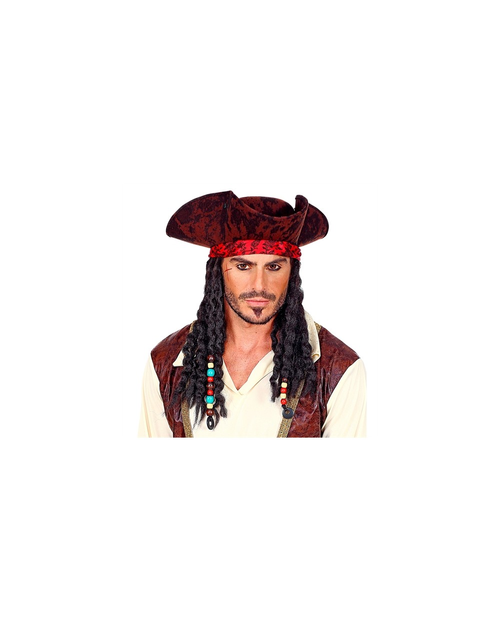CHAPEAU TRICORNE PIRATE DES CARAIBES MARRON AVEC BANDANA DREADS ET PERLES