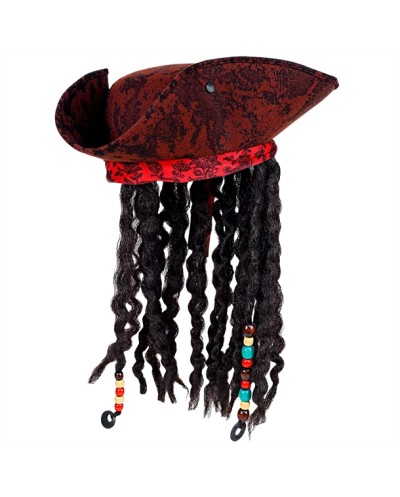 CHAPEAU TRICORNE PIRATE DES CARAIBES MARRON AVEC BANDANA DREADS ET PERLES