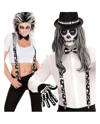 BRETELLES HALLOWEEN NOIRES AVEC TETES DE MORT BLANCHES