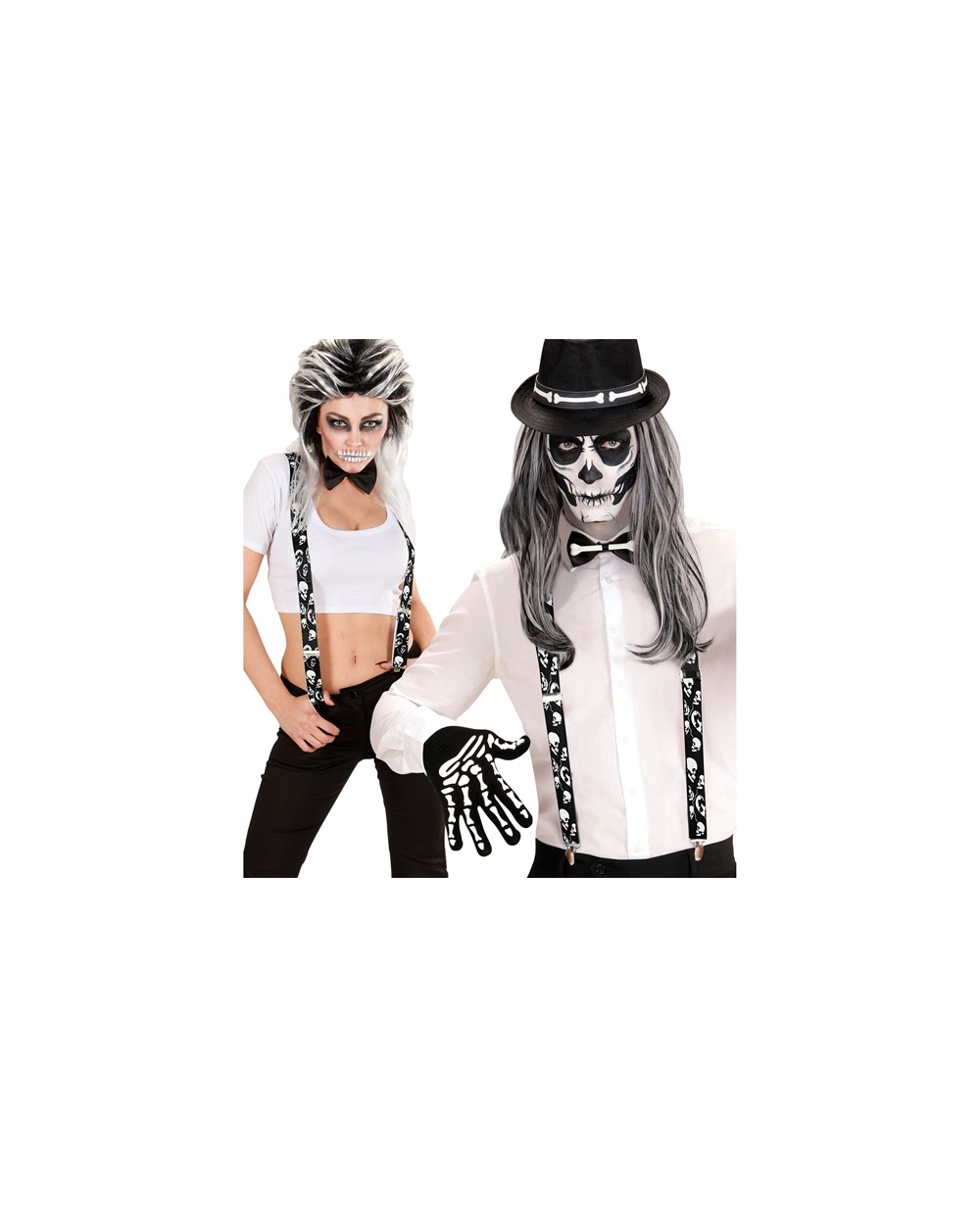 BRETELLES HALLOWEEN NOIRES AVEC TETES DE MORT BLANCHES