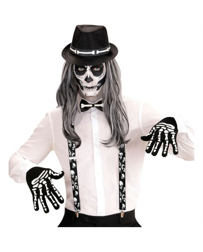 BRETELLES HALLOWEEN NOIRES AVEC TETES DE MORT BLANCHES