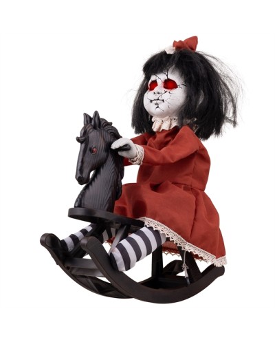 DECO HALLOWEEN ANIMATRONIC MOUVEMENT SON ET LUMIERE FILLETTE CHEVAL A BASCULE