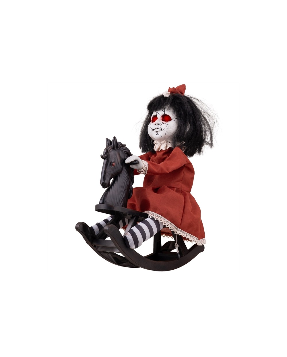 DECO HALLOWEEN ANIMATRONIC MOUVEMENT SON ET LUMIERE FILLETTE CHEVAL A BASCULE