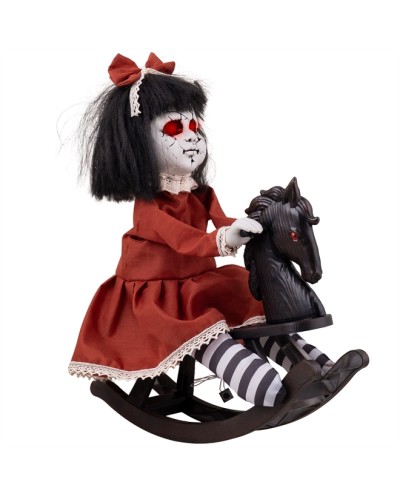 DECO HALLOWEEN ANIMATRONIC MOUVEMENT SON ET LUMIERE FILLETTE CHEVAL A BASCULE