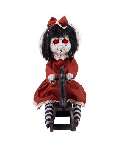 DECO HALLOWEEN ANIMATRONIC MOUVEMENT SON ET LUMIERE FILLETTE CHEVAL A BASCULE