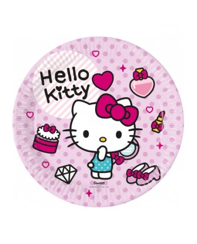 8 ASSIETTES EN CARTON COMPOSTABLE HELLO KITTY SUR FOND ROSE 23 CM