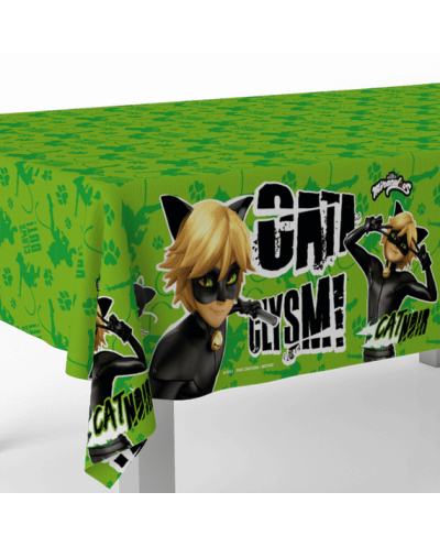NAPPE PLASTIFIEE MIRACULOUS CHAT NOIR SUR FOND VERT 180 X 120 CM