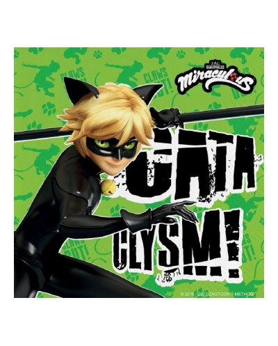 20 SERVIETTES MIRACULOUS CHAT NOIR SUR FOND VERT 33 X 33 CM