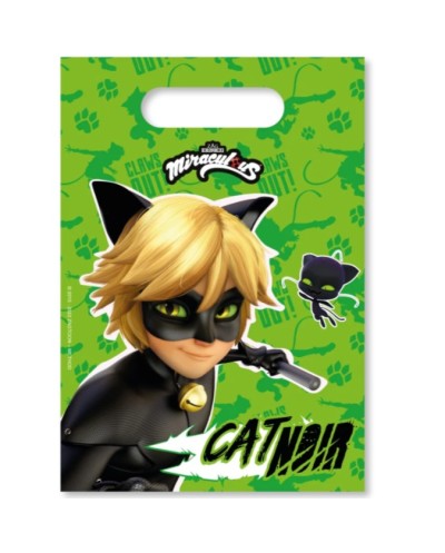 6 SACHETS POUR CADEAUX MIRACULOUS CHAT NOIR SUR FOND VERT EN PLASTIQUE