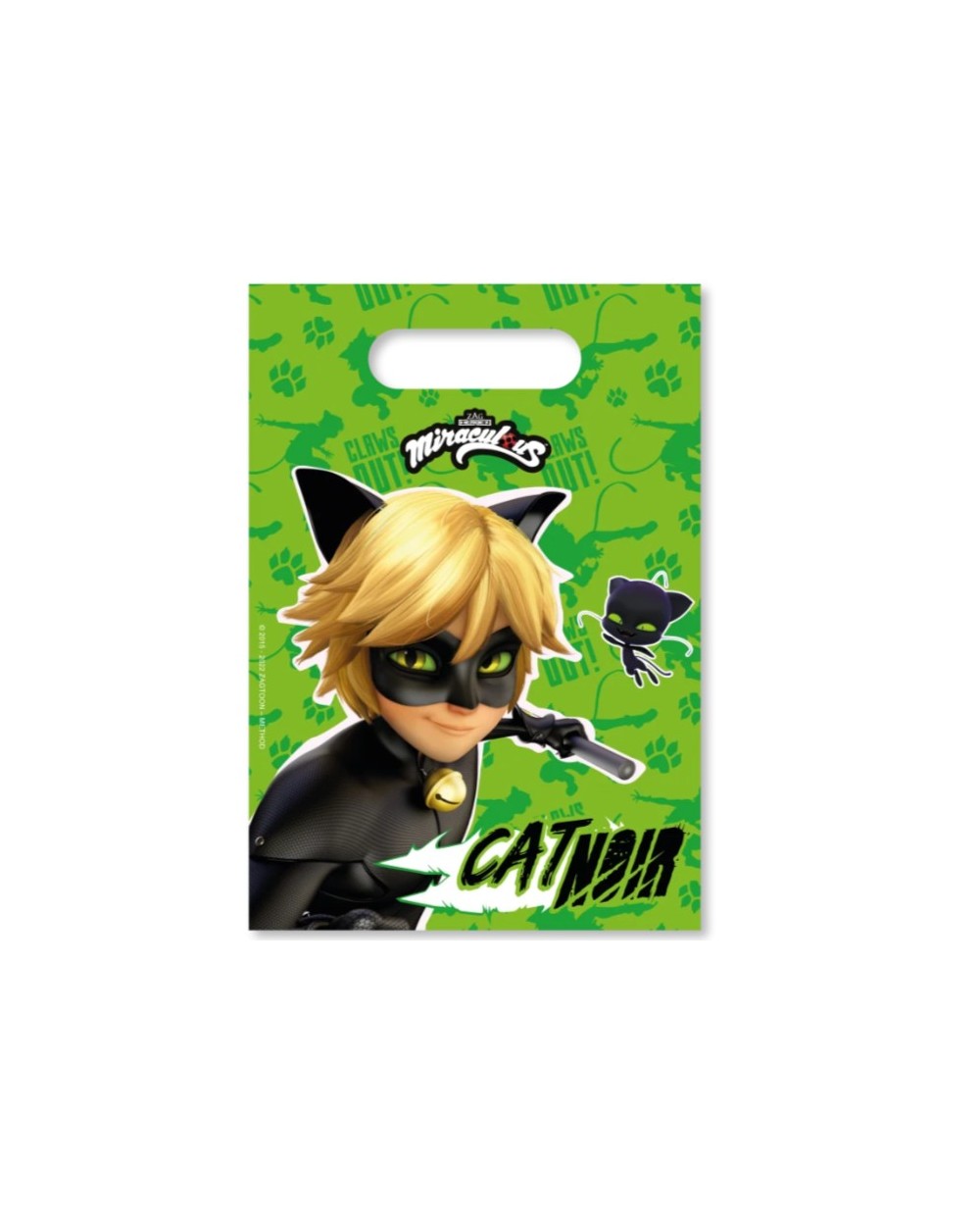 6 SACHETS POUR CADEAUX MIRACULOUS CHAT NOIR SUR FOND VERT EN PLASTIQUE