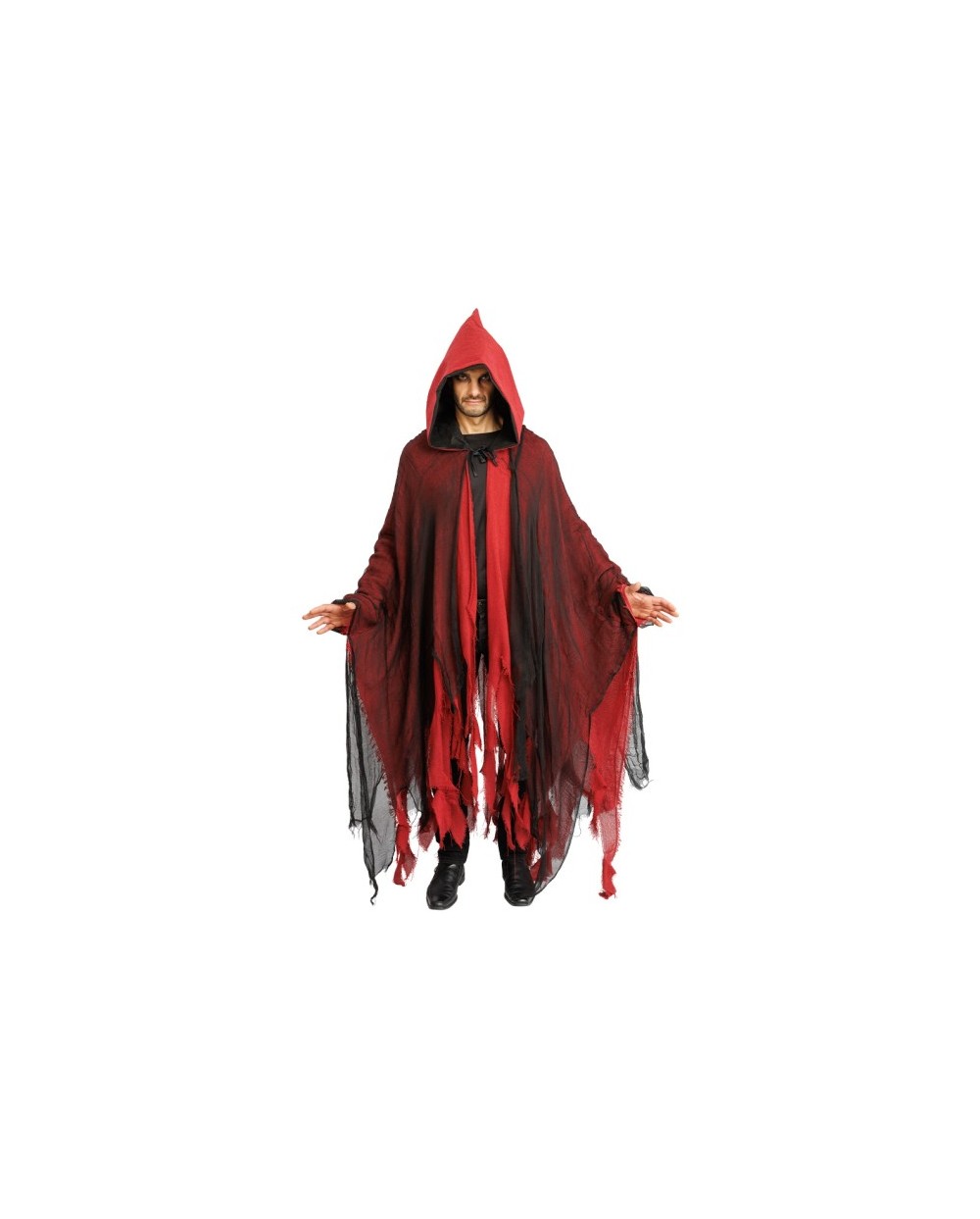 CAPE A CAPUCHE LAMBEAUX NOIR ET ROUGE TAILLE UNIQUE ADULTE