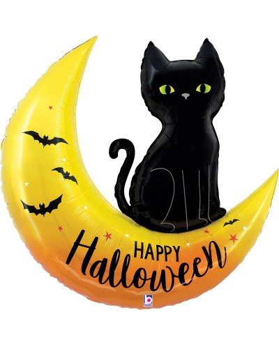 BALLON METALLIQUE HALLOWEEN CHAT SUR LUNE HAPPY HALLOWEEN 76 CM 