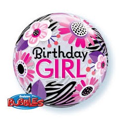 BALLON BUBBLES BIRTHDAY GIRL ROSE ET NOIR FLEURS 56 CM