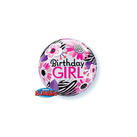 BALLON BUBBLES BIRTHDAY GIRL ROSE ET NOIR FLEURS 56 CM