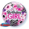 BALLON BUBBLES BIRTHDAY GIRL ROSE ET NOIR FLEURS 56 CM