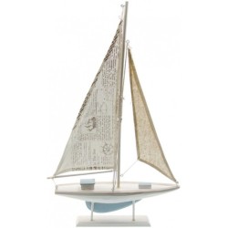 DECORATION BATEAU VOILIER BOIS BLANC, BLEU CIEL 56.5 X 35 X 5 CM 