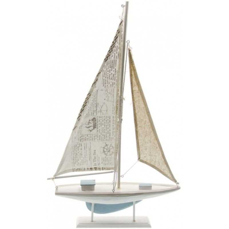 DECORATION BATEAU VOILIER BOIS BLANC, BLEU CIEL 56.5 X 35 X 5 CM 