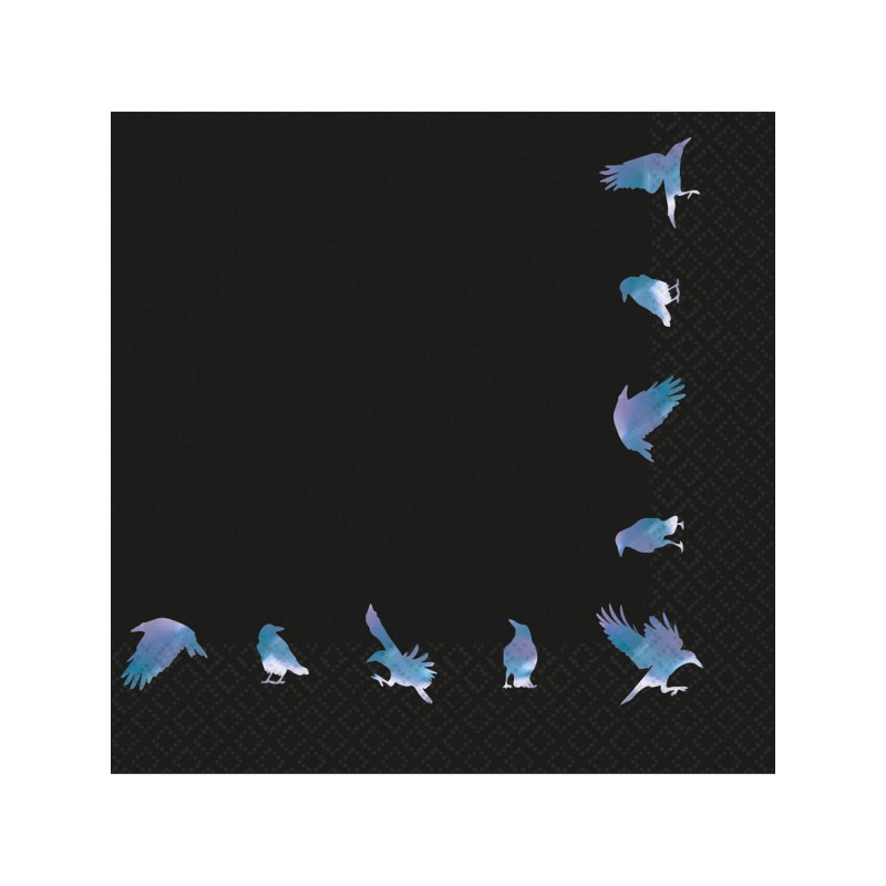 16 SERVIETTES NOIRES MOTIFS OISEAUX  BLEU NUIT 33 X 33 CM 