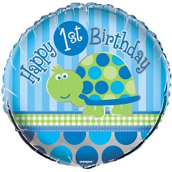 BALLON METALLIQUE ROND TORTUE HAPPY BIRTHDAY 1 AN 45 CM