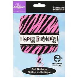 BALLON METALLIQUE CARRE ZEBRE ROSE ET NOIRE HAPPY BIRTHDAY 43 CM