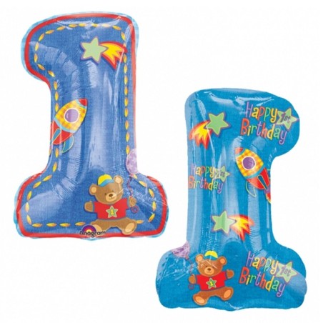 BALLON METALLIQUE  CHIFFRE 1 TEDDY ET FUSEES 48 X 71 CM