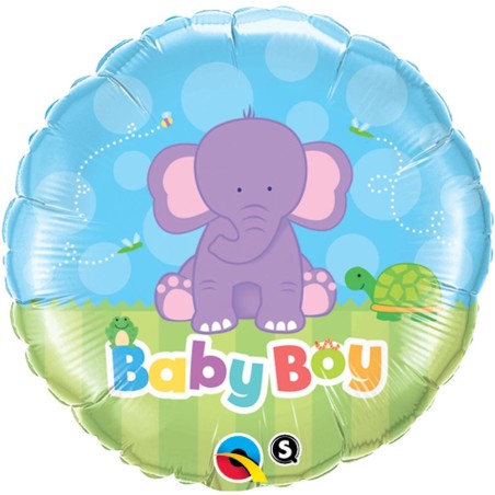 BALLON METALLIQUE ROND ELEPHANT BABY BOY BLEU 46 CM