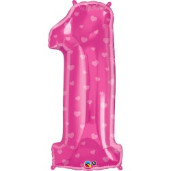 BALLON METALLIQUE CHIFFRE 1 ROSE AVEC COEURS 96 CM