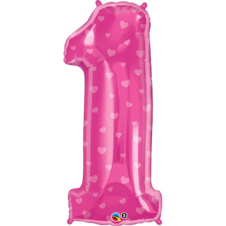 BALLON METALLIQUE CHIFFRE 1 ROSE AVEC COEURS 96 CM