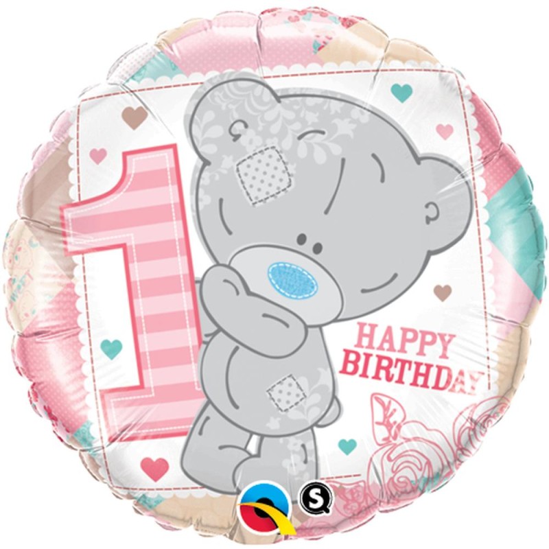 BALLON METALLIQUE ROND 1 AN TEDDY ROSE 46 CM